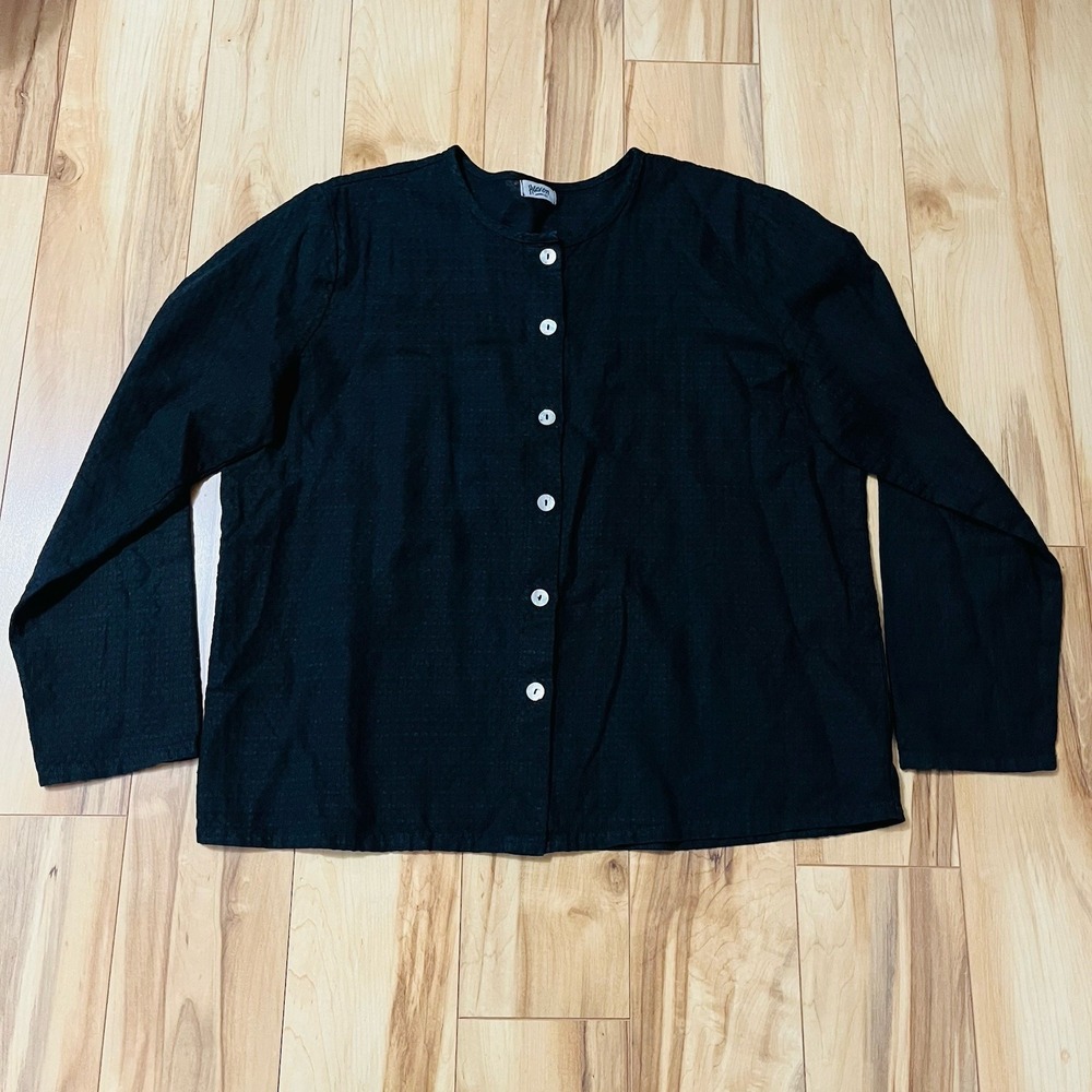 Heaven Women's Sz Large Button Front Embroidered Blouse Black Cotton Blend Top